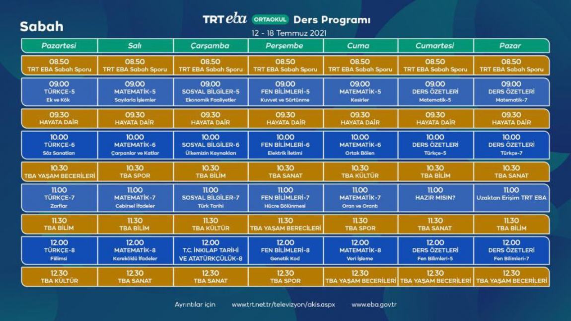 12 - 18 Temmuz TRT - EBA TV Yaz Okulu Ders Programı