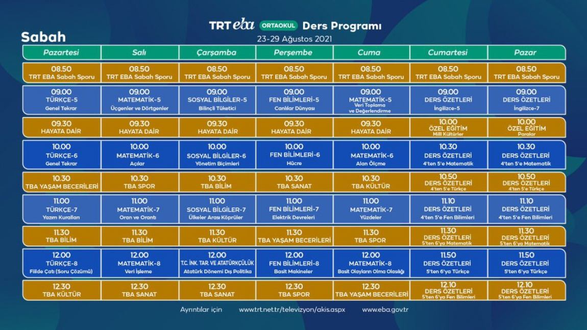 23 - 29 Ağustos TRT - EBA TV Yaz Okulu Ders Programı